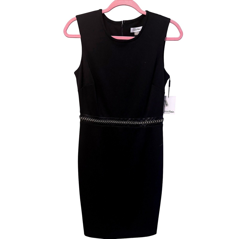 Calvin Klein Black Sheath Dress Gold Chain Faux Leather Waist 4 NWT Chic Edgy